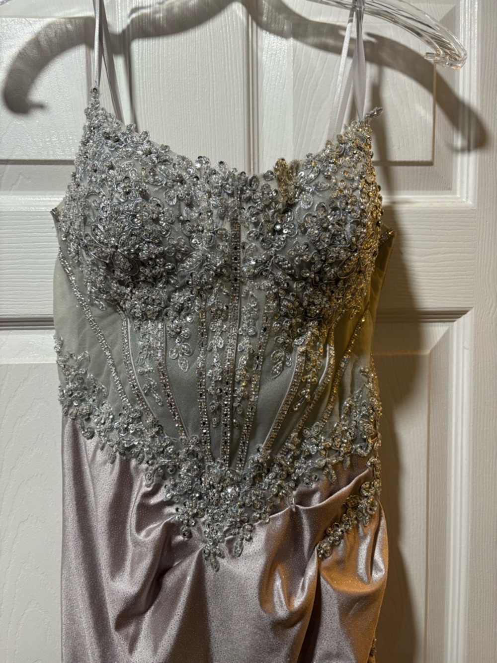Beaded Spaghetti-Strap Evening Dress in Silver